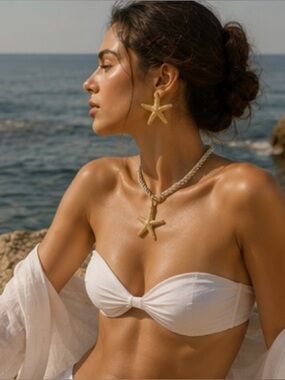 Gold Starfish Jewelry Set Coastal Luxe Necklace & Earrings Beach Glam Statement